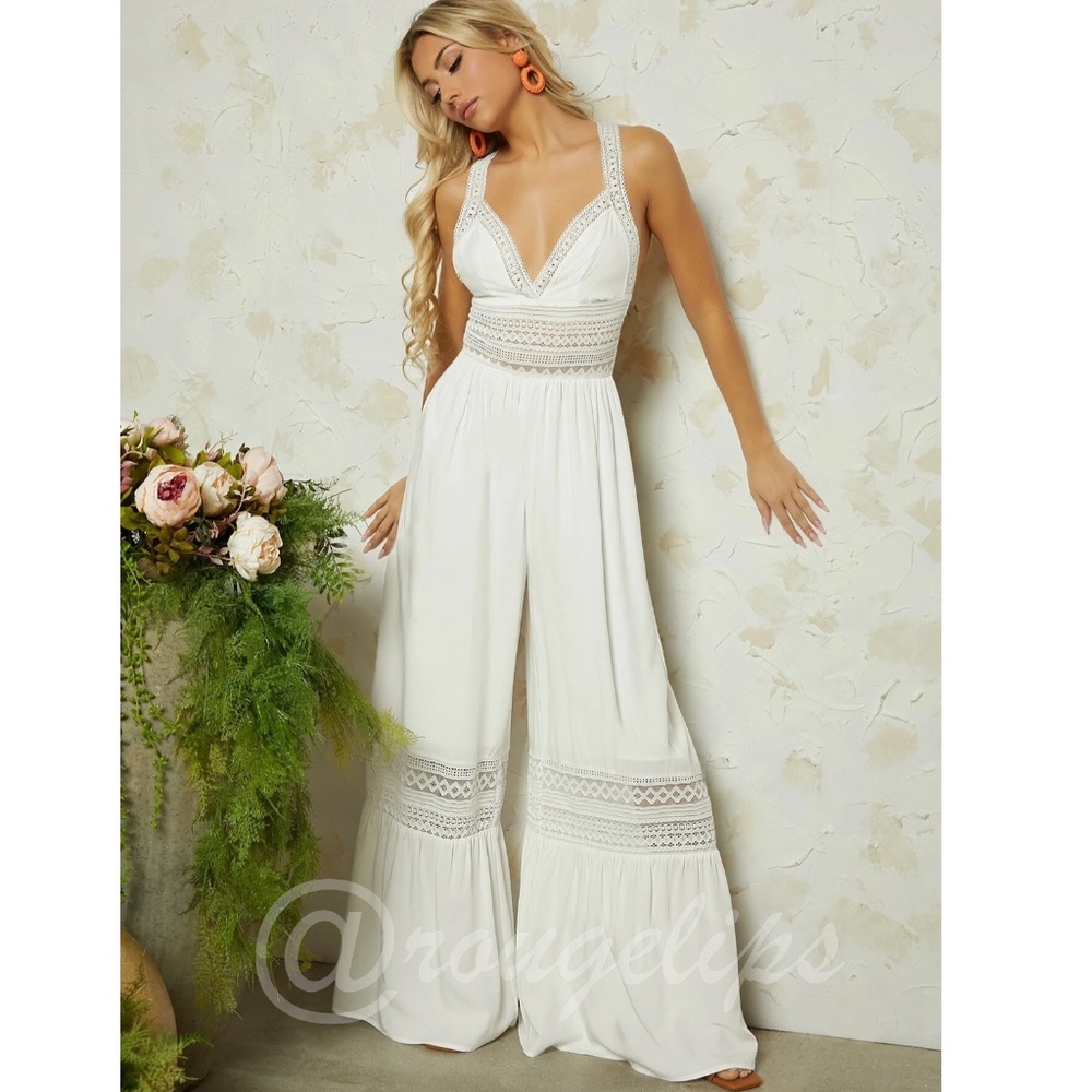 White Lace Detail Flared Wide Leg Bohemian Jumpsuit V-Neck Criss Cross - Picture 9 of 10
